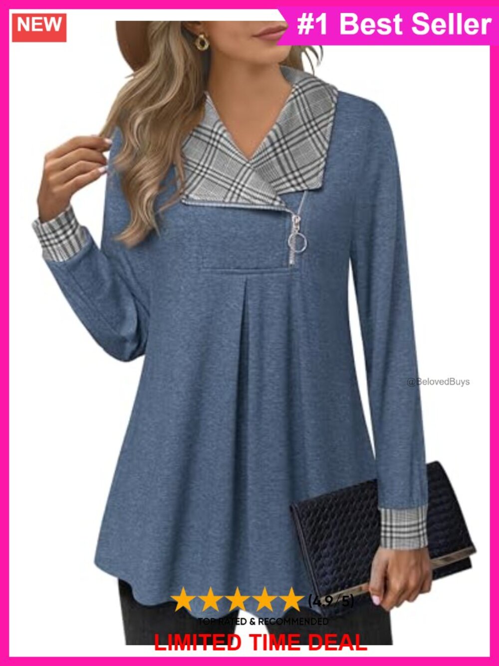Women's Long Sleeve Zipper Lapel Tunic Sweatshirt Casual Loose Fit